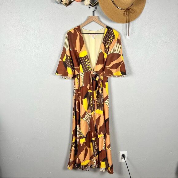 Anthropologie Hutch Deep-V Printed Wrap Maxi Dress in Multi Geo Size SP - Picture 9 of 10